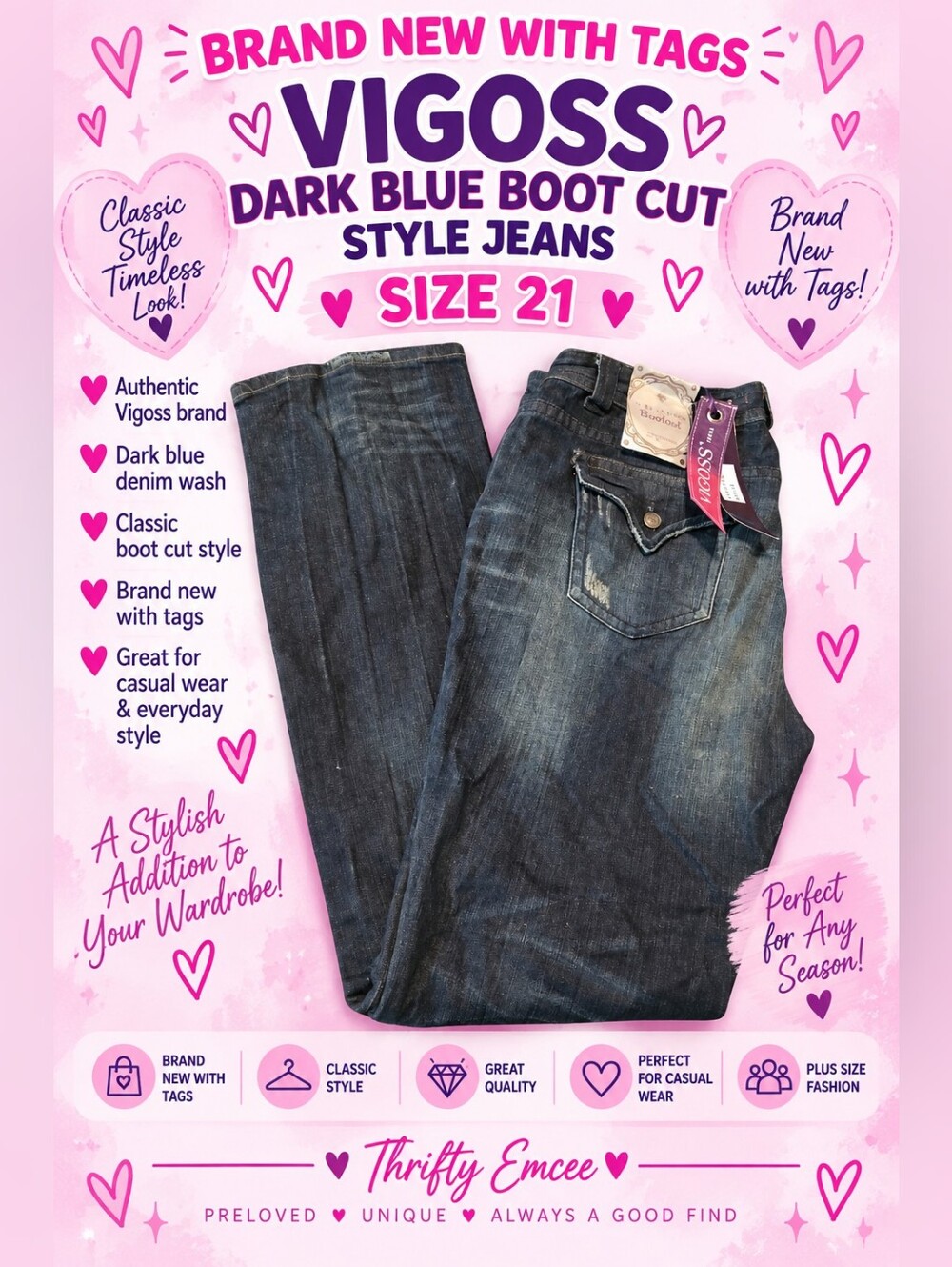 NWT Vigoss Dark Blue Boot Cut Jeans Size 21